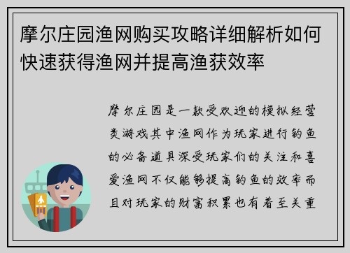 摩尔庄园渔网购买攻略详细解析如何快速获得渔网并提高渔获效率